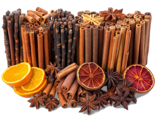 a bunch of various type of spice ingredients licorice, cardamom, star anise, clove, peppercorns, cinnamon stick, dry slices tangerine,   PNG transparent background with shadow