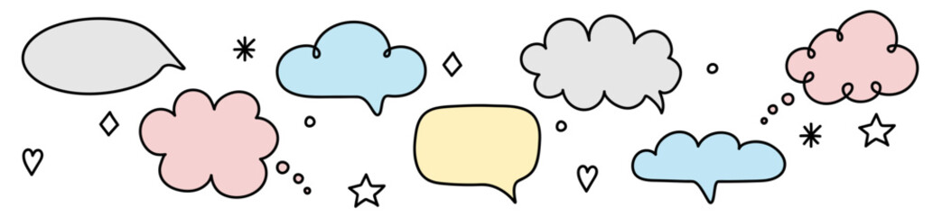 Colourful set with hand drawn speech bubbles. Cartoon style chat boxes. Vector illustration