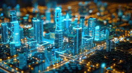 A digitally rendered cityscape with buildings glowing in neon blue, creating a futuristic and vibrant atmosphere.