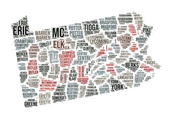 Pennsylvania Word Cloud. State shape with county division. Pennsylvania typography style image. County names tag clouds. Vector illustration.