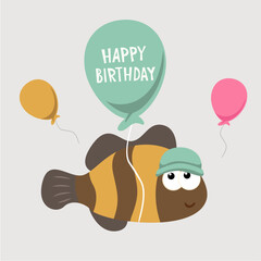 Flat Design  Happy Birthday Illustration with Fish and Balloons