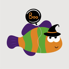 Flat Design Illustration with Fish and Magic Hat,Boo Balloon