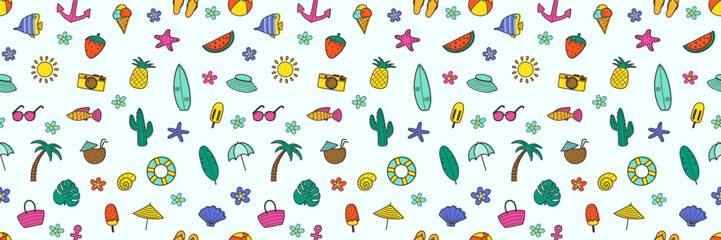 Summer background with hand drawn elements. Creative seamless pattern. Vector illustration
