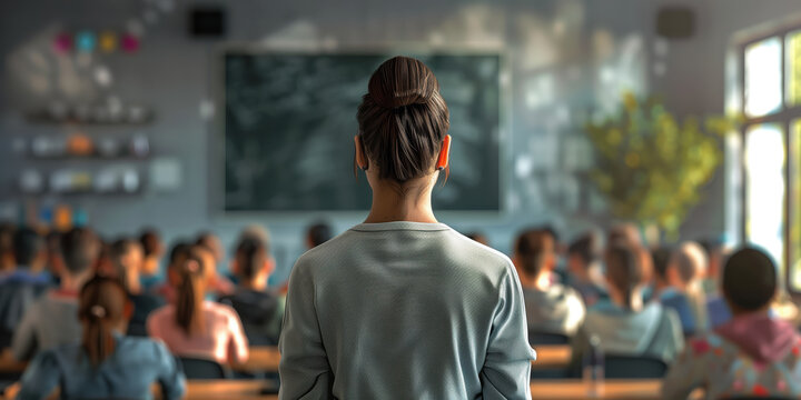 A teacher with their back to the camera facing students in front of a modern classroom