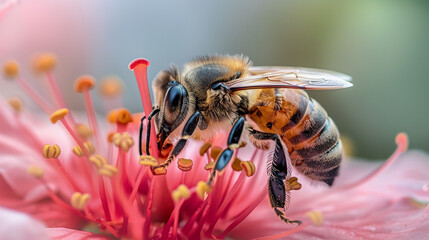 Fototapeta premium Close-Up of Bee Extracting Nectar from Dewy Flower Petals 