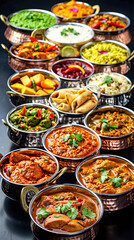 Fototapeta premium Assorted Indian dishes served in metal pots and bowls placed on a black surface,