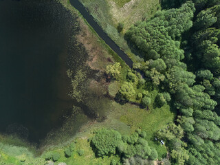 Lake Trei Ape Three Waters photographed from a drone flight. The blue sky with clouds and green forests.