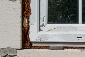 A fragment of a plastic window with a cracked film