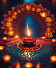 Happy Diwali or clay lamp on color background