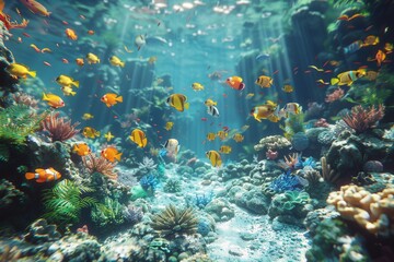 Vibrant Underwater Coral Reef Scene With Tropical Fish, Colorful Corals, And Sunlight Rays Piercing Through Crystal Clear Waterunderwater