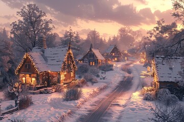 Fototapeta premium Cozy snow-covered village in wintertime dusk with illuminated cottages and festive holiday lights nestled alongside a winding country road surrounded by frosted trees and a serene atmosphereWinter