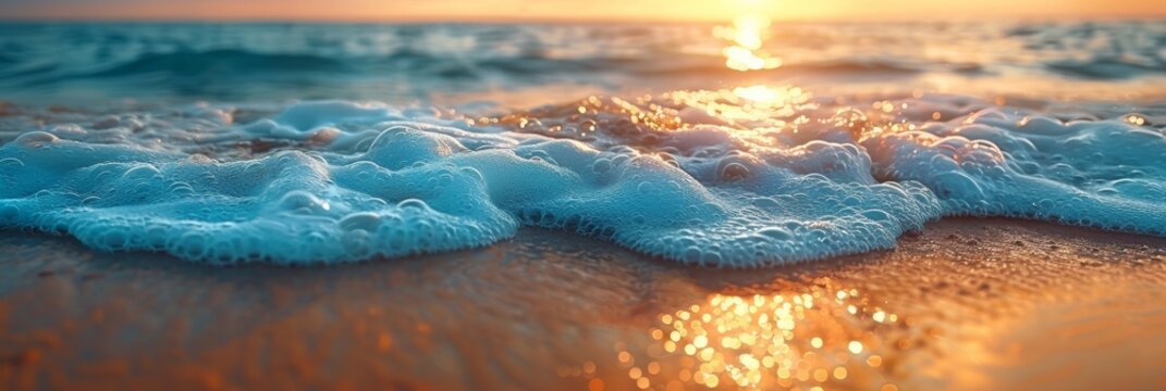 Tranquil beach scene with gentle waves lapping against the soft sand