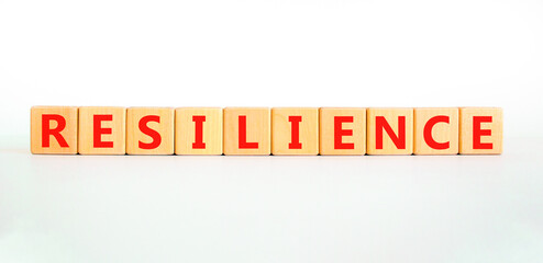 Resilience symbol. Concept word Resilience on beautiful wooden blocks. Beautiful white background. Business resilience concept. Copy space.