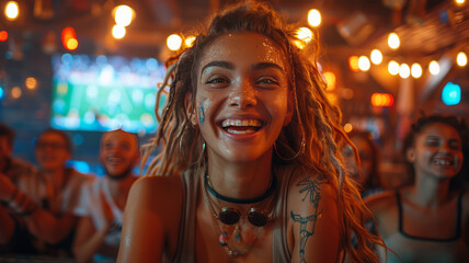 Obraz premium in a bar, a group of soccer womens, fans are sitting at a table in the background, on the TV screen,generative ai