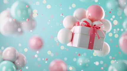 Festive celebration with a burst of colorful balloons floating, and a tower of gift boxes wrapped in vibrant paper and ribbons, set against a lively background