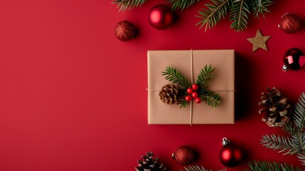 Festive Christmas layout, top view of gift box, red baubles, spruce branches, pine cones, berries, star, and bell on a red background, perfect holiday spirit captured in one image