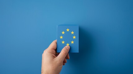 European Union election visual, hand voting with a ballot box, simple blue background offering space for text or images, highlighting the act of voting