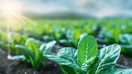Expansive farm landscape with rows of crops, high-tech sensors and smart devices analyzing soil and plant data, innovation in agriculture, vibrant greenery