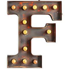 A vintage looking lighted letter F. The letter is made of metal and has a rustic appearance