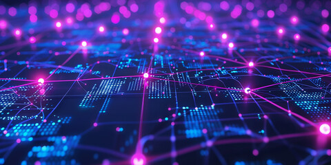 Fototapeta premium Digital background with glowing purple and blue data connections on dark grid, creating an illuminated futuristic network concep
