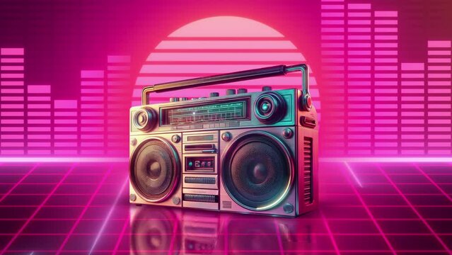 TV, vinyl, audio cassette, mp3 player, boombox stand on the pink 80s retro futuristic pink neon cyberpunk background with music equlizer and visualizer