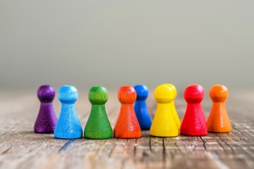 Colorful painted group of people figures colorful background of many small wooden figures of people in different colors, symbolizing diversity and unity.