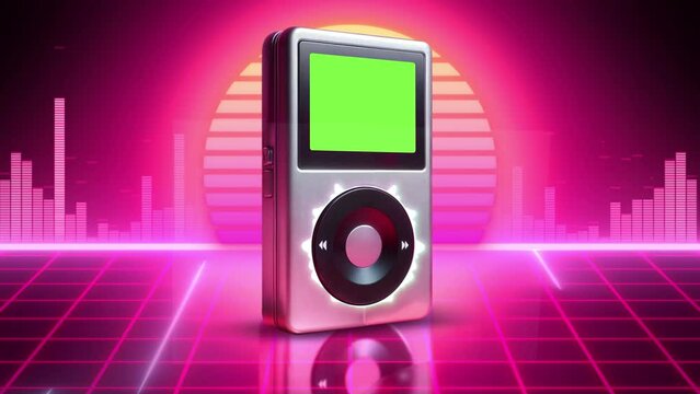 TV, vinyl, audio cassette, mp3 player, boombox stand on the pink 80s retro futuristic pink neon cyberpunk background with music equlizer and visualizer