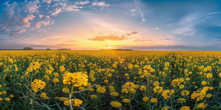 A beautiful field of canola flowers, with the sun setting in the background