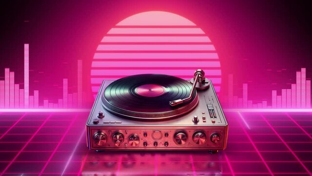 TV, vinyl, audio cassette, mp3 player, boombox stand on the pink 80s retro futuristic pink neon cyberpunk background with music equlizer and visualizer