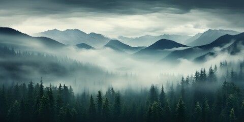 Obraz premium fir forest in vintage retro style with Misty landscape, Misty landscape with fir forest, minimalism style background