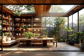 Fototapeta premium Modern greenhouse-inspired dining area with expansive glass walls, wooden furniture, lush indoor plants, and natural light streaming through large skylights in an elegant home garden setting