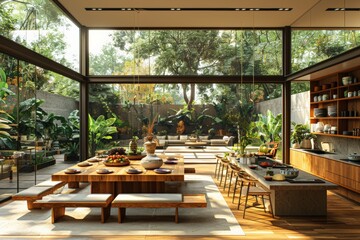 Fototapeta premium Beautifully designed open-plan modern kitchen with large glass windows overlooking lush garden, natural light, wooden furniture, and contemporary decorModern kitchen