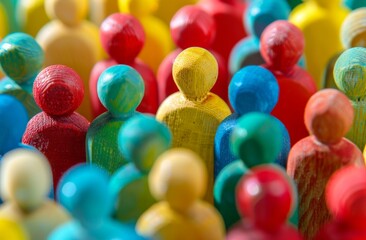 Colorful painted group of people figures colorful background of many small wooden figures of people in different colors, symbolizing diversity and unity.