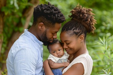 Fototapeta premium A black family of three, Happy family. Mother father and baby girl.