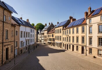 Obraz premium Sunny European street with historic buildings and solar panels