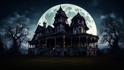 Obraz premium A spooky haunted house mansion Halloween background with a full moon generated by AI
