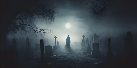 Ghostly figure in a misty graveyard, tombstones and fog, free copy space for text on the right