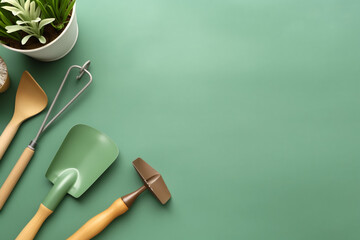 Gardening Tools on Green Background with copy space for mockup