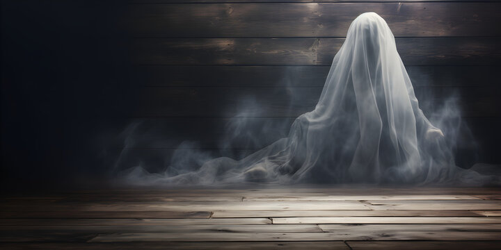Ghostly figure on wooden background with free copy space for text 