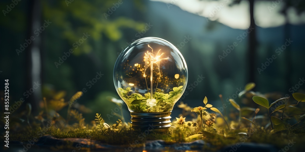 Wall mural light bulb against nature on with energy sources Hand holding, Sustainable developmen and responsible environmental, Ecology concept - Wall murals