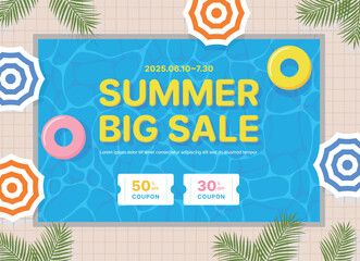 Summer season coupon sale event banner template illustration. In the background of a cute pool, there is a typographic that says 'Summer Big Sale', a tube, a parasol, and a palm tree.