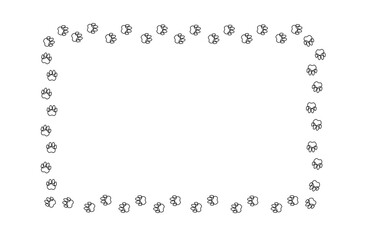 Rectangular frame with contoured pet paw print. Black silhouette of a path of dog or cat footprints . Frame with pet footprints for design of shop windows, websites, etc. Vector illustration. © Sviatlana