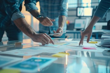 Obraz premium Close up ux developer and ui designer use augmented reality brainstorming about mobile app interface wireframe design on desk at modern office.Creative digital development agency 