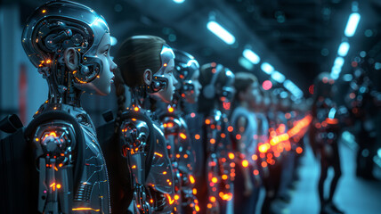 Obraz premium Children with cyber hands stand in line; a glowing silver android leads.generative ai