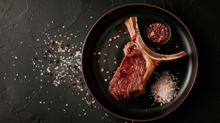Tomahawk beef veal steak with pink salt on plate Scene from above with black background Room for text