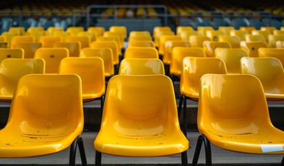 Fototapeta premium A striking image of a lone yellow chair among empty seats in a sports stadium tribune, highlighting solitude and anticipation before a big event