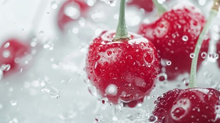Fresh, ripe cherries with water droplets, shot in close-up, showcasing their vibrant red color and juicy appearance, set against a light background for a refreshing summer vibe