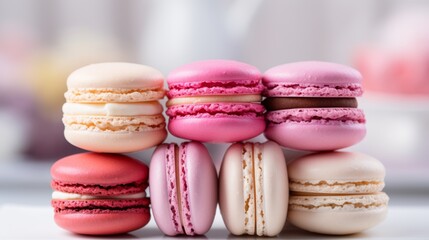 Obraz premium Vibrant assortment of macarons stacked, close up frontal view showcasing various flavors