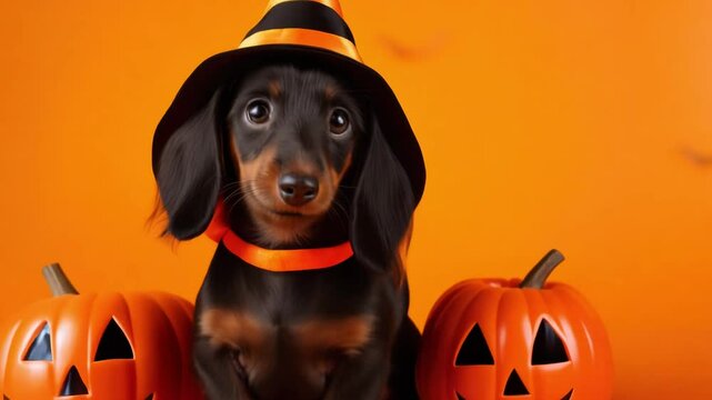 cute dachshund puppy dog with halloween witch costume hat and jack-o'lantern pumpkins over orange background with copy space