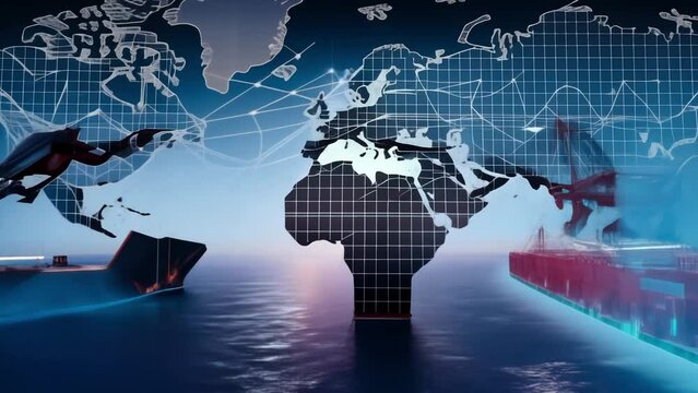 World trade and commerce. Cargo ships with 3d render of world map over the image cruise the sea in slow motion